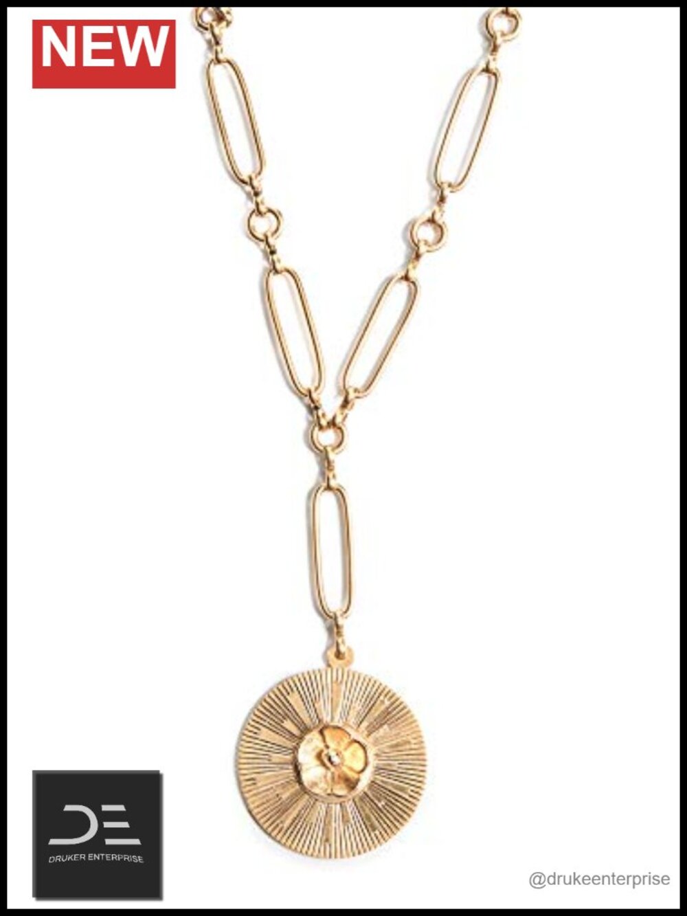 Gold Plated Textured Rolo Chain Necklace with Floral Coin Medallion Pendant